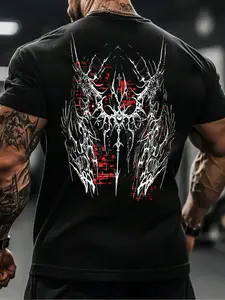Men's Gothic Metal Thorn Print Fitness T-Shirt, Gym Athletic Clothes, Breathable Stretch Fabric for Gym Training, Fitted Design with Unique Graphics