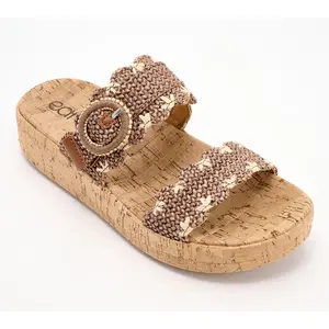 Earth Raffia Double Band Slide Sandals with Buckle - Subtle