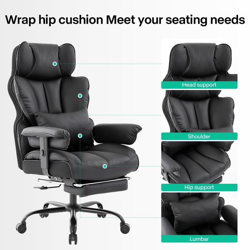 Gzagdecr Big and Tall Office Chair 400lbs PU Leather High Back Gaming Chair with Foot Rest Reclining Executive Ergonomic Office Chairs Lumbar Support Computer Chair Adjustable Armrests