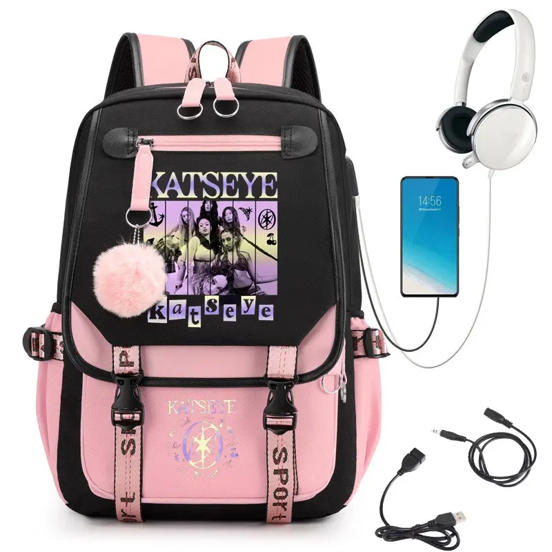 Kawaii Pink Pom Pom KATSEYE Merch Backpack, External USB Charging Large Capacity School Bag for Girls