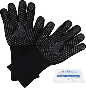 BBQ Gloves, 1472 ° F Heat Resistant Gloves Fireproof Mitts, Grilling Gloves Silicone Non-Slip Washable Oven Glove, Kitchen Glove for Barbecue, Grilling, Cooking, Baking, Camping, Smoker (Black)