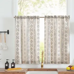 Boho Linen Tier Kitchen Curtains, 45 Inches Bohemian Striped Mudcloth Farmhouse Small Cafe Drapes, Light Filtering Rod Pocket 2 Panels for Bathroom RV Camper, Black on Beige