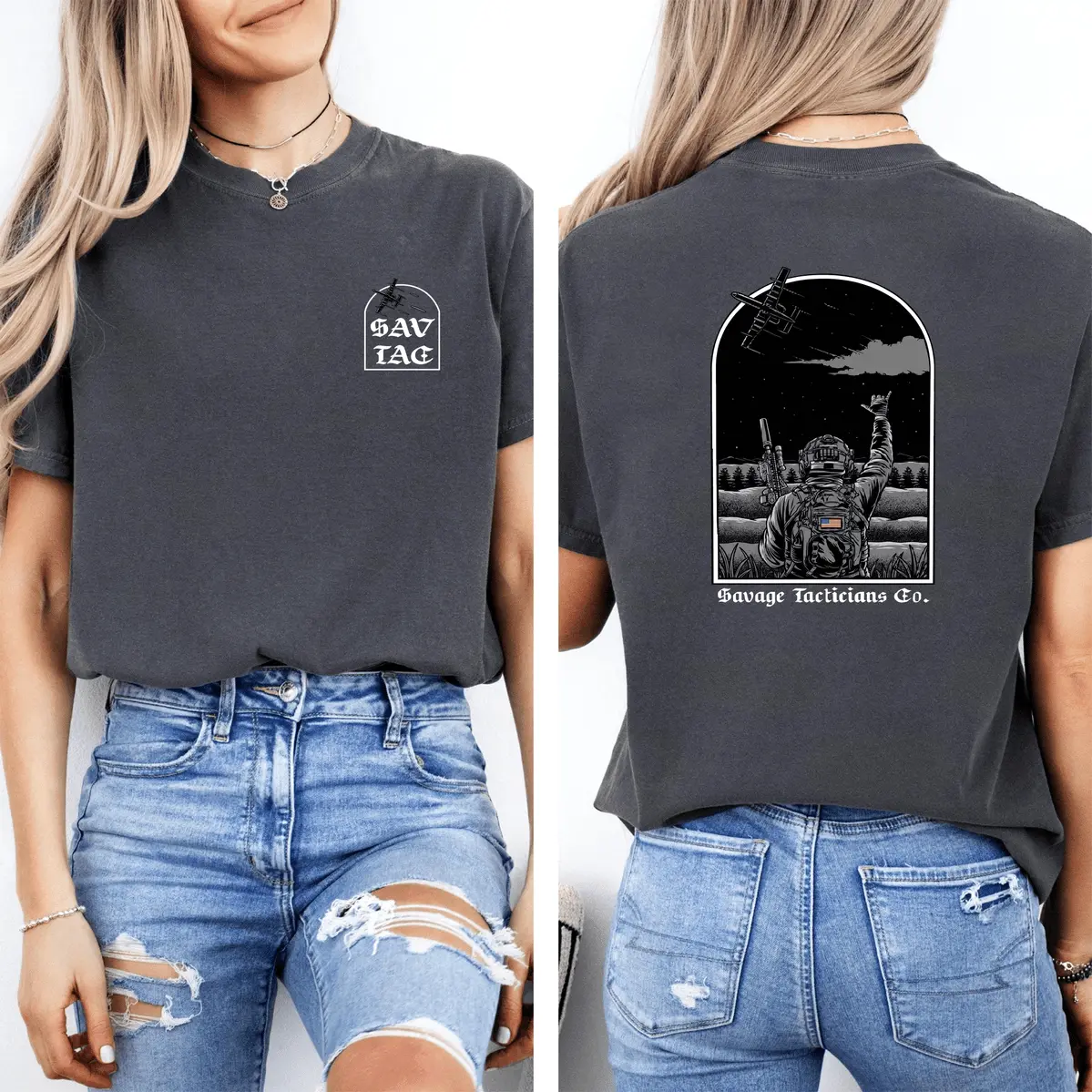 Close Air Support Cas Savage Tacticians T-Shirt Graphic With Tactical Rider Illustration Edgy Statement Tee For Fans Of _302 Relaxed Fit Cotton Tee For Men & Women