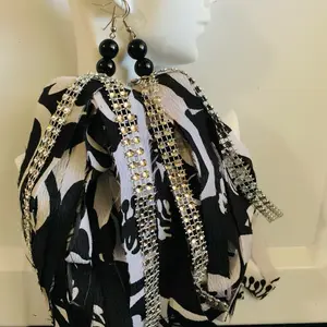 Handmade Fabric Earrings with Black Beads and Gold Accents - Unique Design Jewelry Piece