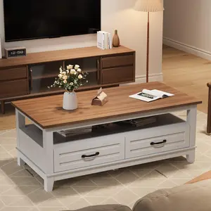 YJ-Garvee Farmhouse Coffee Table, 47.2” Rustic Center Table with Drawers, Open Shelf, and 6 Support Legs, Large Living Room Table with Ample Storage Space，Brown and white color blocking