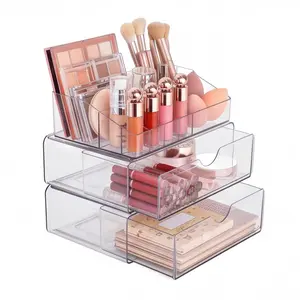 3-Tier Clear Acrylic Makeup Organizer with 2 Drawers - Stackable Cosmetic Storage for Vanity, Skincare Products
