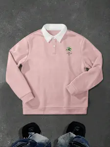 Men's Autumn Winter Graphic Letter Coconut Tree Print Half Button Polo Collar Long Sleeve Knit Sweatshirt, Casual Outdoor Pullover, Fitted Style, Moderate Fabric Thickness, Knitwear