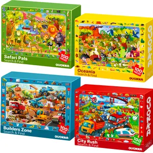 QUOKKA 4-Set 100-Piece Search & Find Pieces Jigsaw Puzzles for Kids Ages 4-8, Featuring Animals and Cars - Toddler Learning Toy