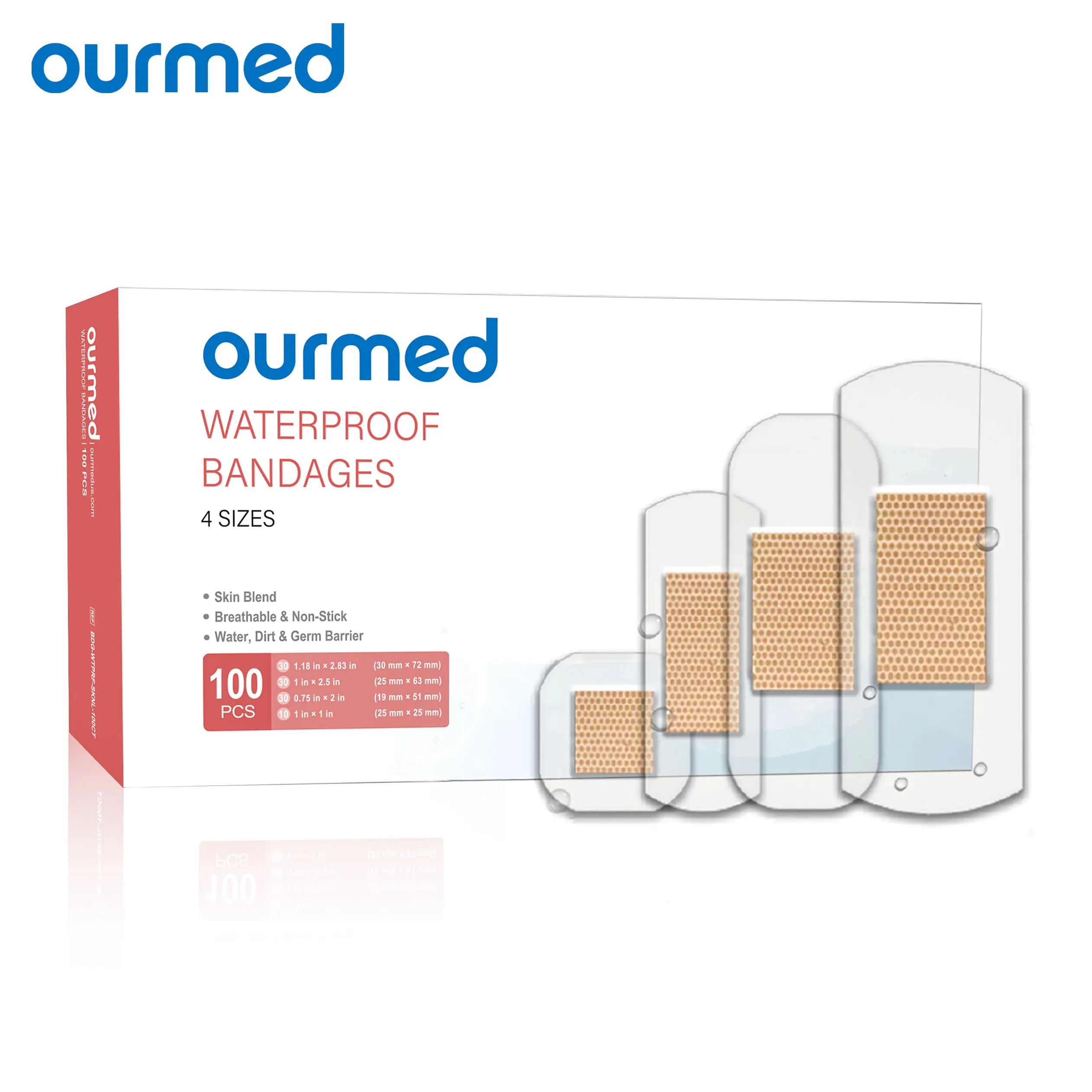 Ourmed Waterproof Bandages, Clear Adhesive Bandages for First-Aid, Wound Care, Fingers, Knees and Heels, Stays on Skin in The Bath, Shower or Pool, Assorted Sizes, 100/200 Count