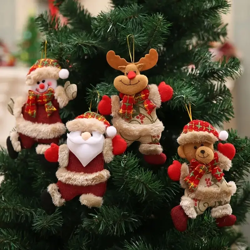 12pcs Festive Christmas Tree Ornaments Set - Santa, Snowman, Reindeer & Bear Figures with Red-White Scarves, Golden Balls, Red Bows, LED Inflatable Gingerbread, Nutcracker, Plaid, Cartoon Pattern Square Straw Drinking Cup - Home Festive Party Decor
