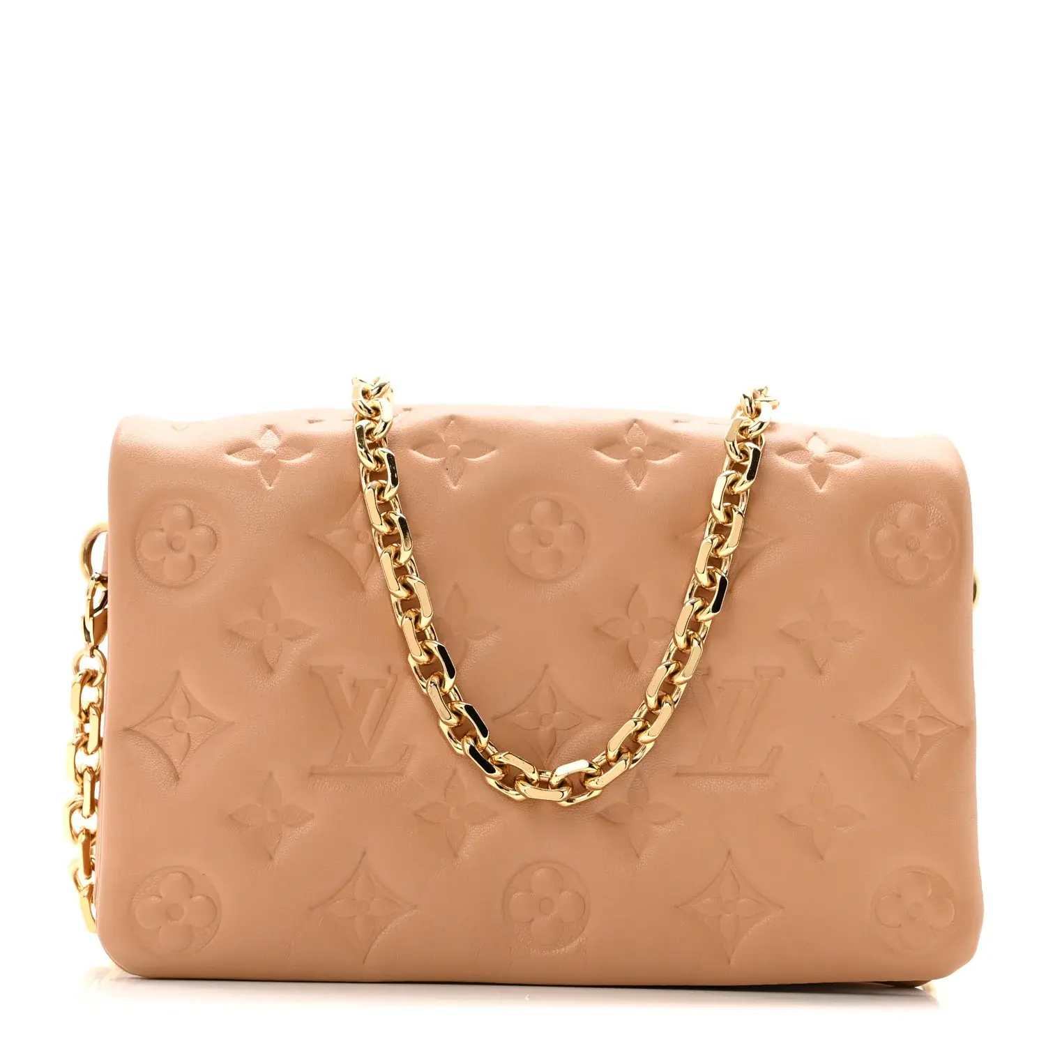 Pre-owned Louis Vuitton Lambskin Shoulder Bags Embossed Monogram Pochette Coussin Camel