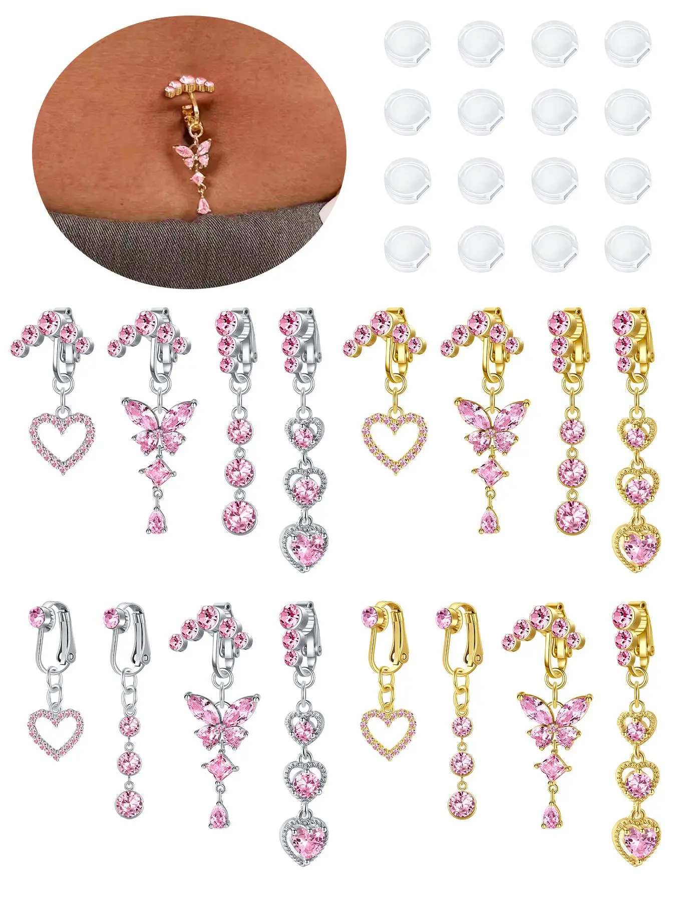 4Pcs Fake Belly Button Piercing for Women Dangle Butterfly Heart Clip on Belly Button Rings Silver Gold Pink Fake Belly Button Rings Non Piercing Belly Rings Stainless Steel Faux Navel Jewelry Chic Body Jewelry Body Jewellery