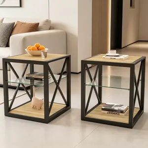 Set of 2 Industrial Side Table Nightstand, 3-Tier Tempered Glass & MDF End Table for Small Space Living Room Bedroom, Compact Storage Accent Furniture, Natural Wood
