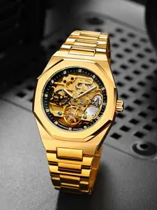 Men's luxury gold open-work wristwatch, automatic mechanical watch suitable for parties and work occasions, fashionable and versatile birthday gift with packaging box, exquisite mechanical style wristwatch