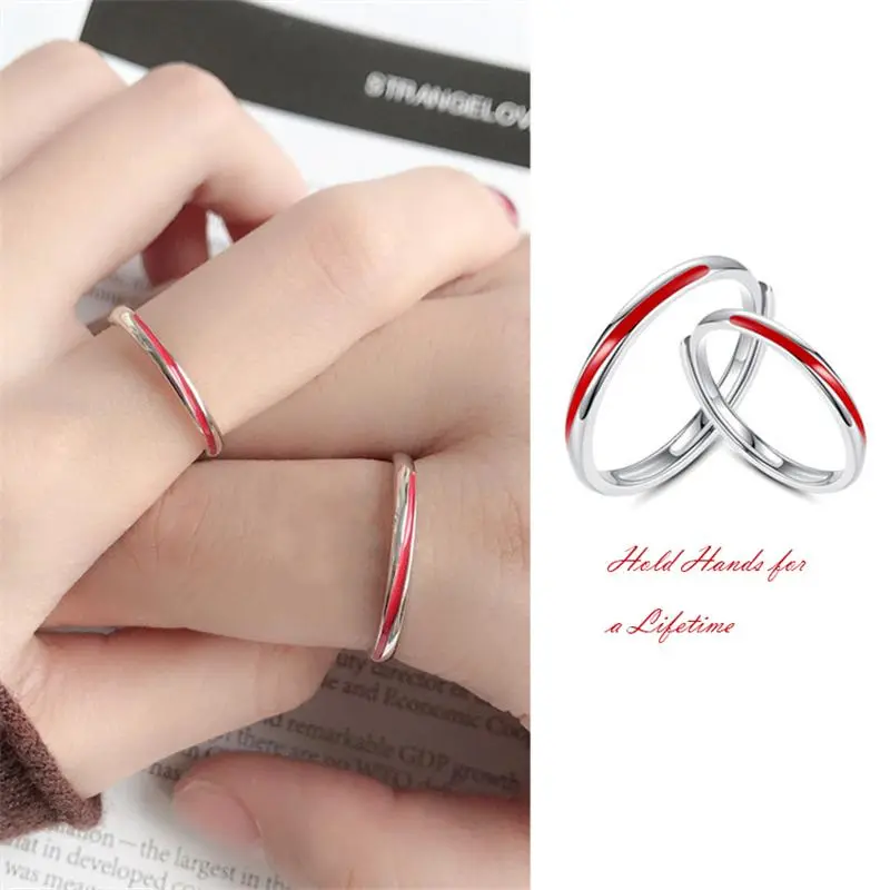 YIZIZAI Retro High-quality Original Epoxy Red Line Couple Rings Hold Hands for a Lifetime Lover Ring Silver Color Jewelry Gifts