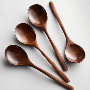 4pcs/6pcs Wooden Long Handle Rice Spoon, 9.25 Inch Household Spoons, Eco-Friendly Non-Damaging, Japanese Soup Spoon for Dining & Cooking, Wooden Spoon Set