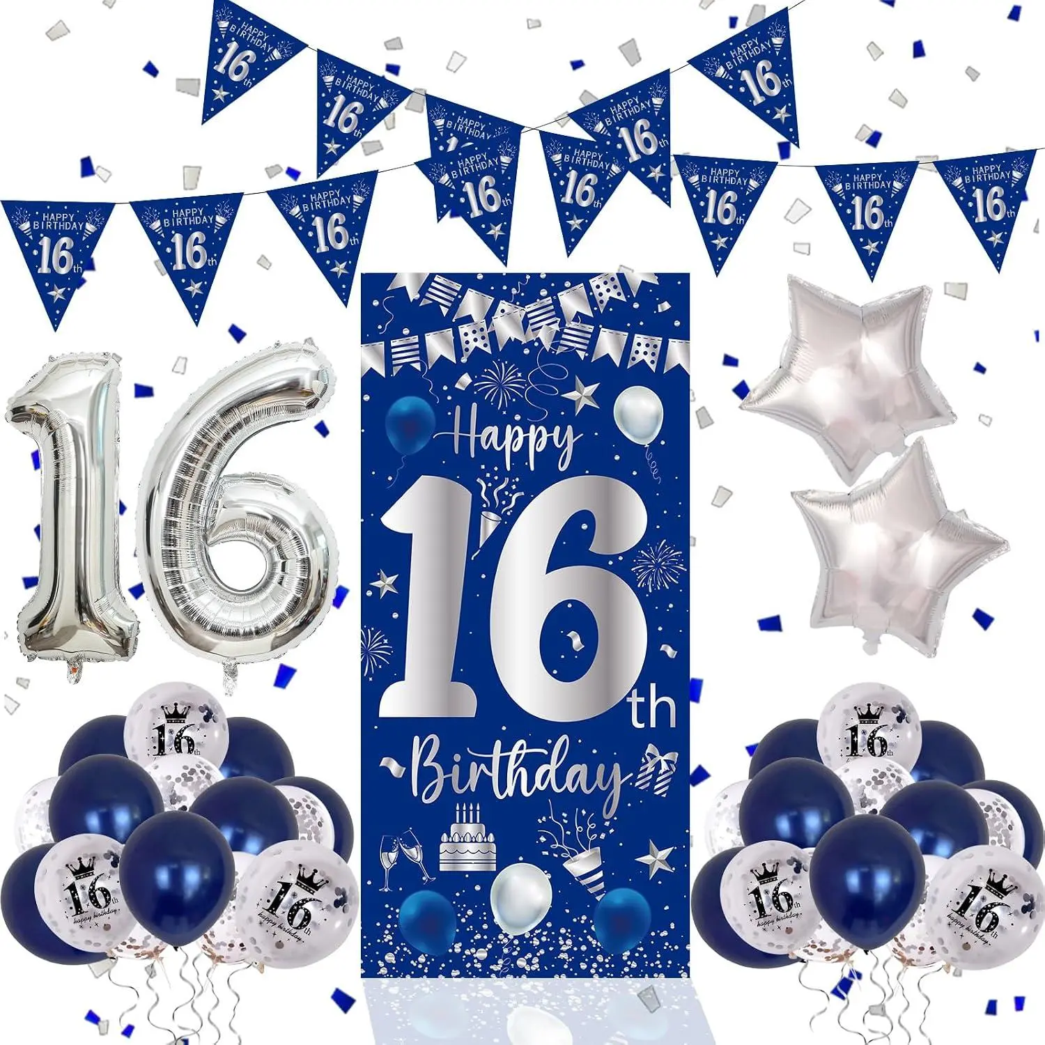 16Th Birthday Decorations For Boys Girls, Blue Silver Happy 16Th Birthday Decorations Door Banner 32" Number 16 Foil Balloon 33Pcs Balloons Triangle Flag Sweet 16 Year Old Birthday Party Sign Supplies