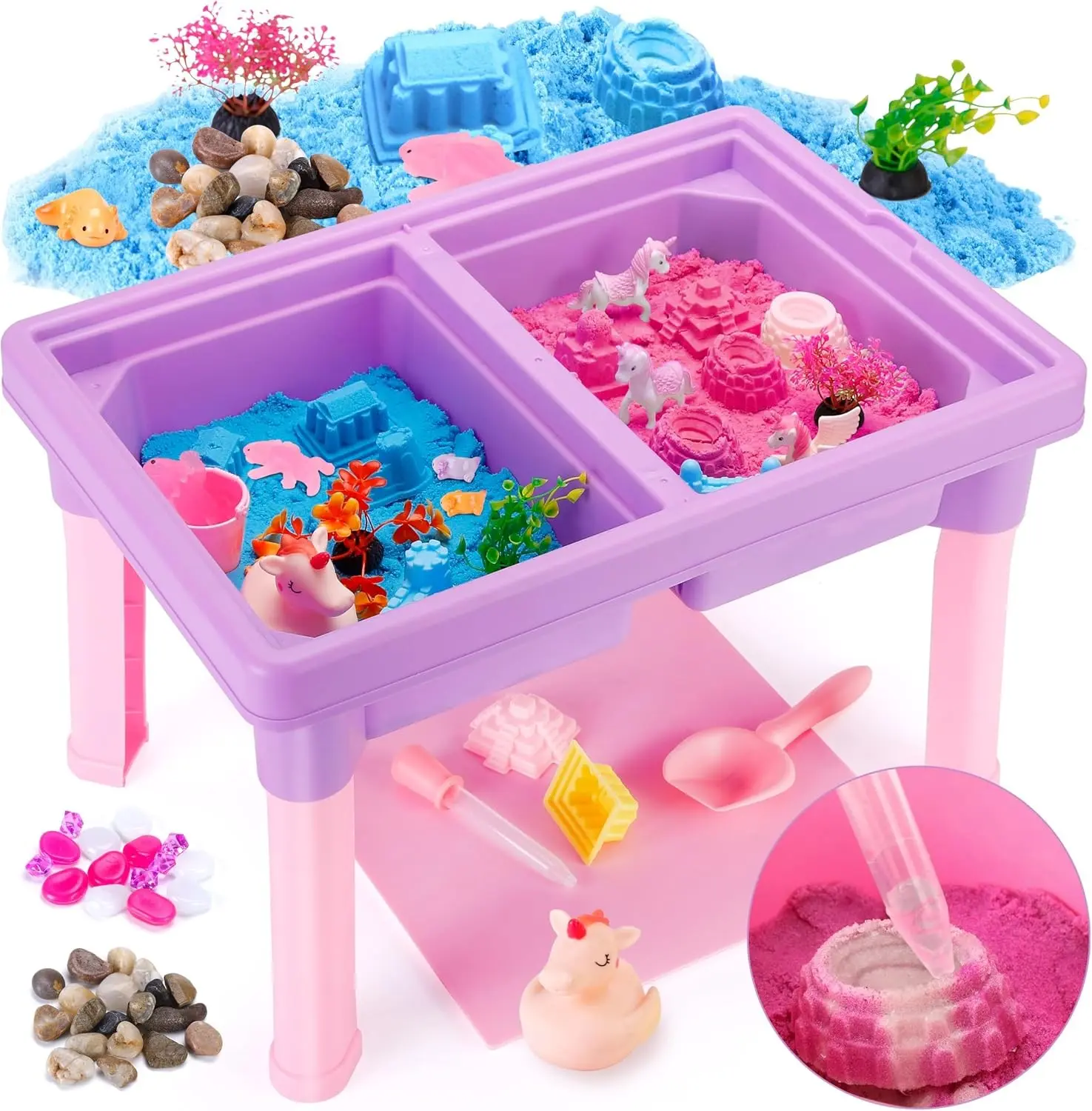 2 in 1 Sand and Water Table, Sensory Table with Sand, Standing Sand Box with Lid, Sensory Sand, Indoor Outdoor Sand Kit, Glow Stones, Sensory Play Activity Table for Girls & Boys