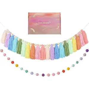2pcs Boho Tassel Garland Pom Pom Tassel 6.5 Feet Long 20 Balls Colorful Pastel Garland Wall Hanging Decor Banner for Home Wedding Birthday Baby Shower Party