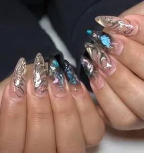Handmade 3D Silver Swirls Holographic Glitter Press On Nails, Futuristic Nail Art