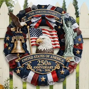 Personalized America 250th Anniversary Wooden Hanging Sign, Wreath 1776-2026 Patriotic Door Sign Semiquincentennial Family Name Decor