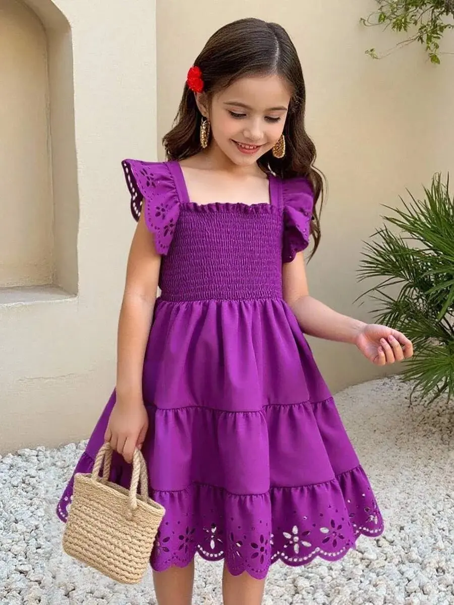 Young Girl Eyelet & Ruffle Trimmed Smocked Bodice Dress Summer Holiday