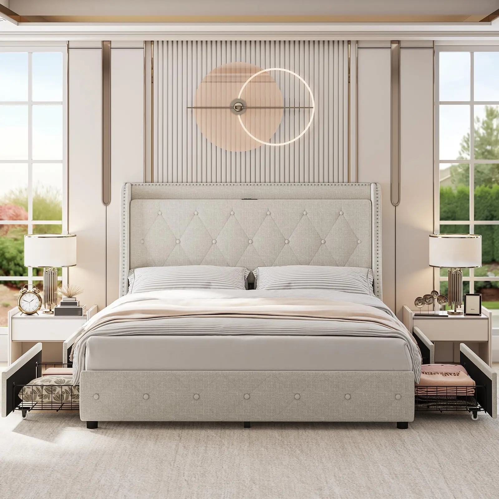 Garvee Upholstered Full Bed Frame with 4 Storage Drawers, Full Size Bed Frame with Headboard and Storage, Platform Bed Frame with Charging Station and Headboard, no