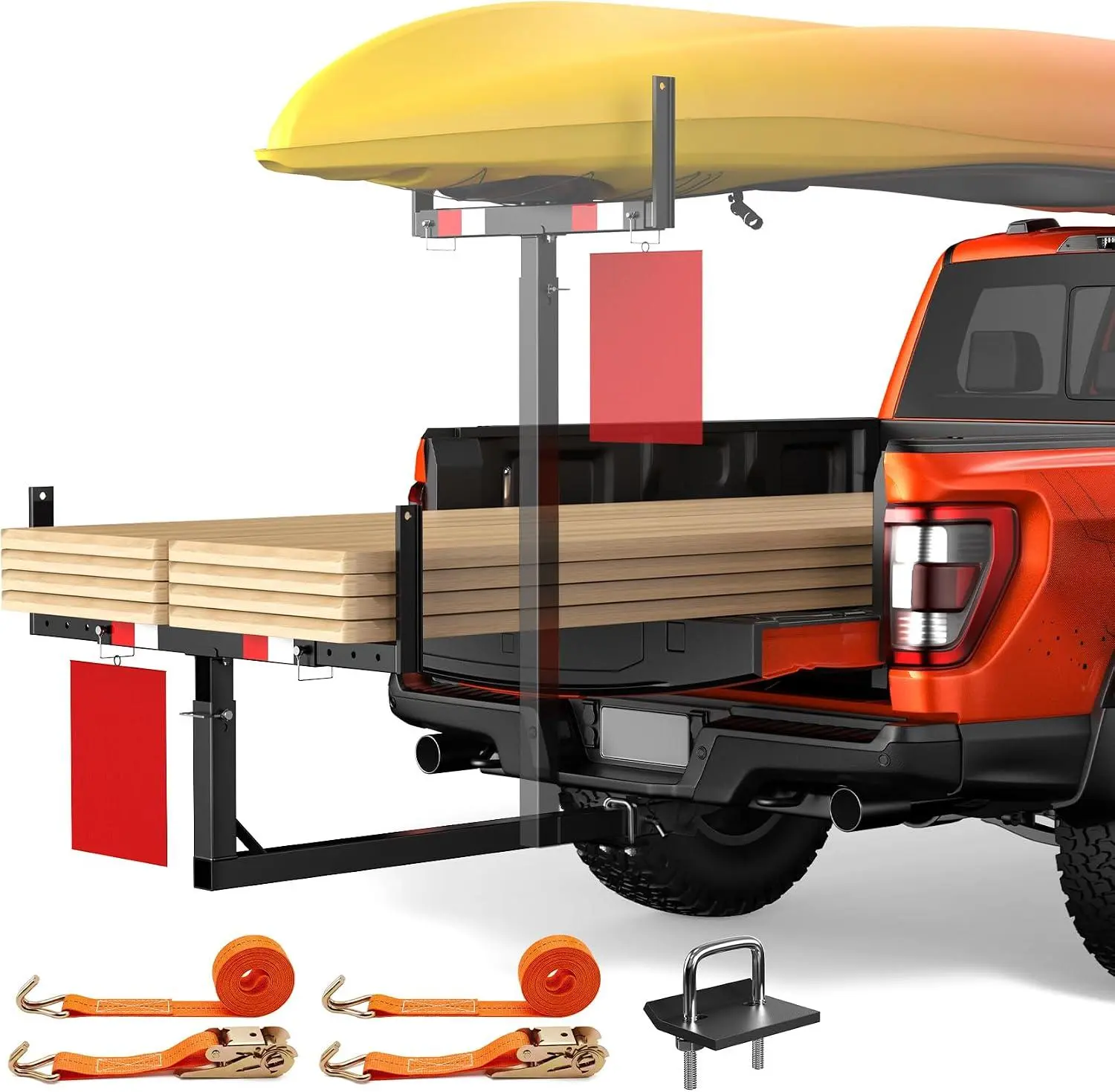 Truck Bed Extender Hitch Mount, Pickup Truck Bed Extender, 500 lb Capacity, 2-in-1 Foldable Rack for Kayak, Ladder, Lumber