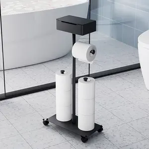 1pc Standing Toilet Paper Holder with Wheels, Mobile Tissue Rack with Box Storage, Large Capacity Bathroom Organizer, Bath Accessories, Dispenser Bin