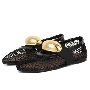 Mesh Ballet Flats fo Women Round Toe Gold Studded Gifts Flat Heel Mary Jane Shoes Fishnet Design Easy Slip on for Work Party Casual Ballerina Dress Cute Shoes
