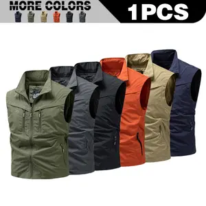Men's outdoor quick drying breathable vest with multiple pockets, wear-resistant fishing photography stand collar workwear vest