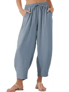 Summer Solid Color High Waist Loose Fit Vacation Casual Drawstring Pocket Nine-Inch Pants, Comfortable and Stylish Summer Wear