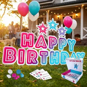 Yardlio Happy Birthday Sign with Stakes Stars & Streamers 4 Feet Tall Giant Outdoor Party Decorations Weatherproof 19 Pieces Reusable Banner for Yard Lawn Glossy Plastic