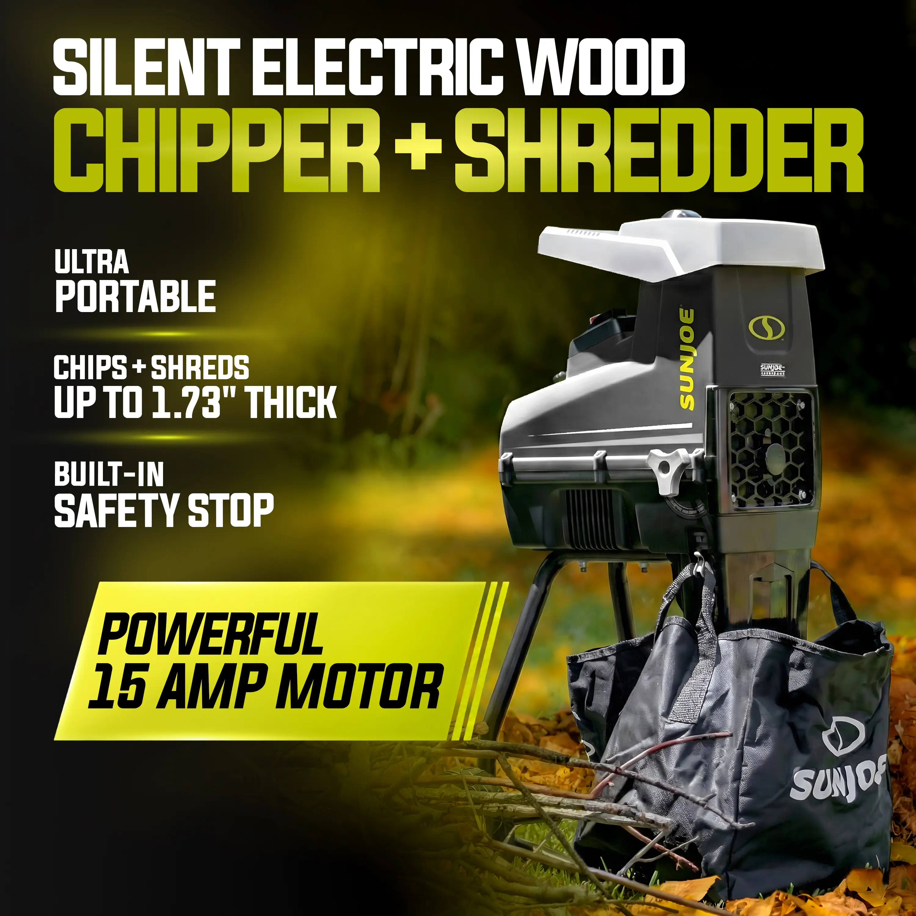 Sun Joe Silent Electric Wood Chipper + Shredder W/ Collection Bag | 1.7-inch Cutting Diameter | 15-Amp