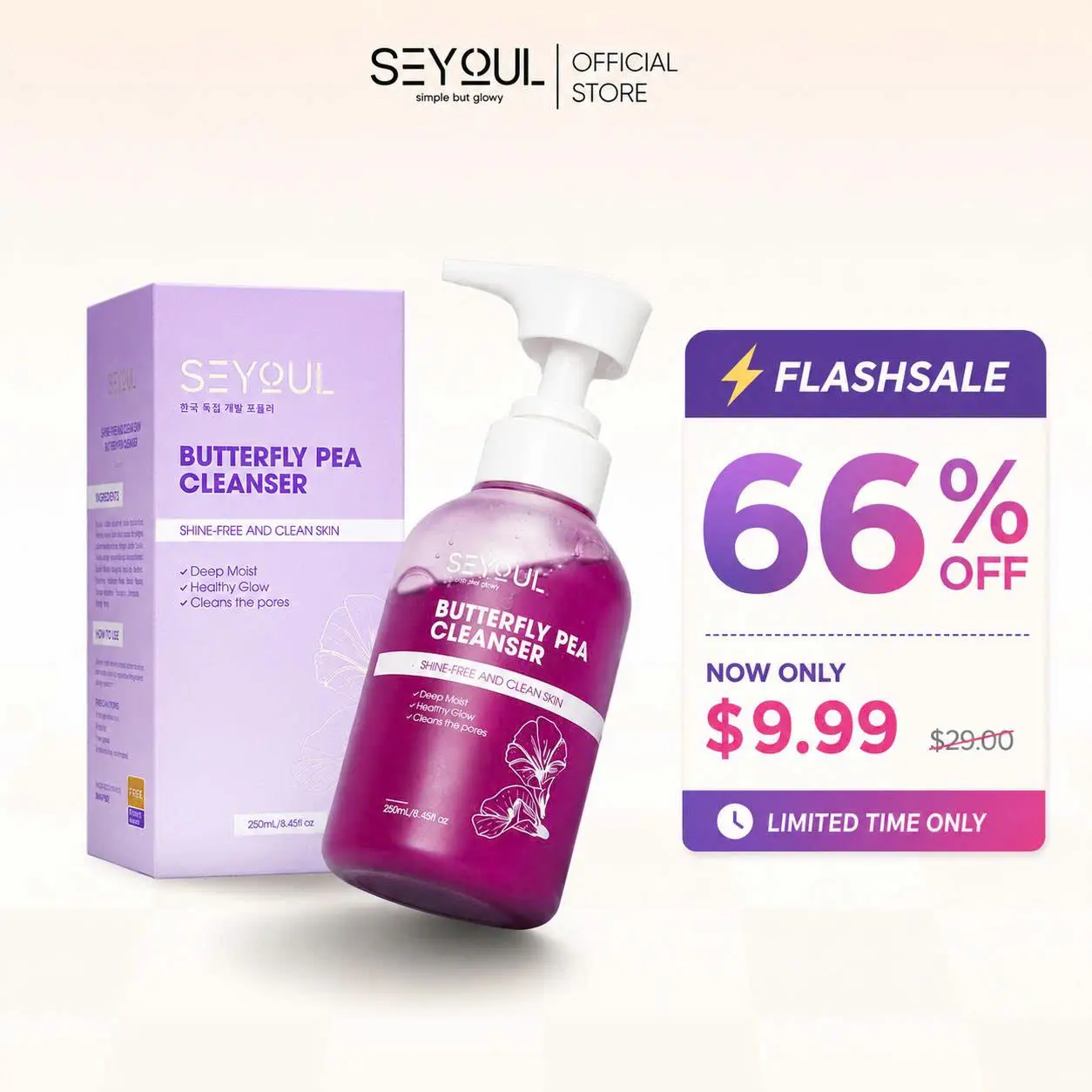 Seyoul Butterfly Pea Cleanser Acne-Fighting Face Wash for Oily & Acne-Prone Skin Shine-Free and Clean Skin 250ml