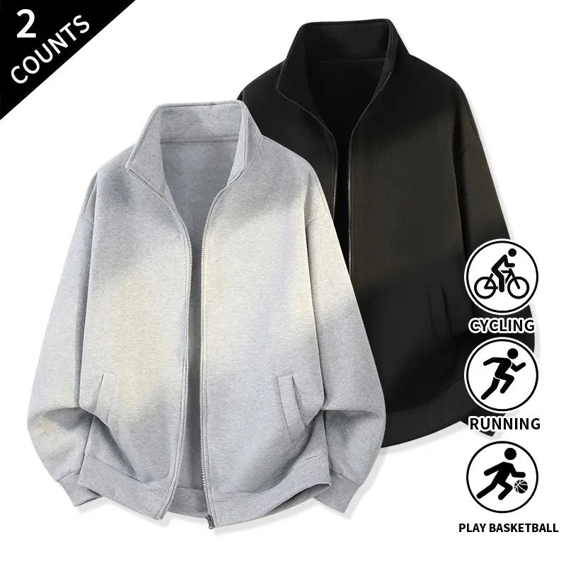 Men’s 2-Pack Plain Polyester Full-Zip Jackets with Stand Collars, Long Sleeves, Pockets - Zip-Up Activewear Lightweight Pack Jackets, Workout-Ready for Outdoor Running, Gym, Jackets Zip Up, Activewear Men's Lightweight Jackets