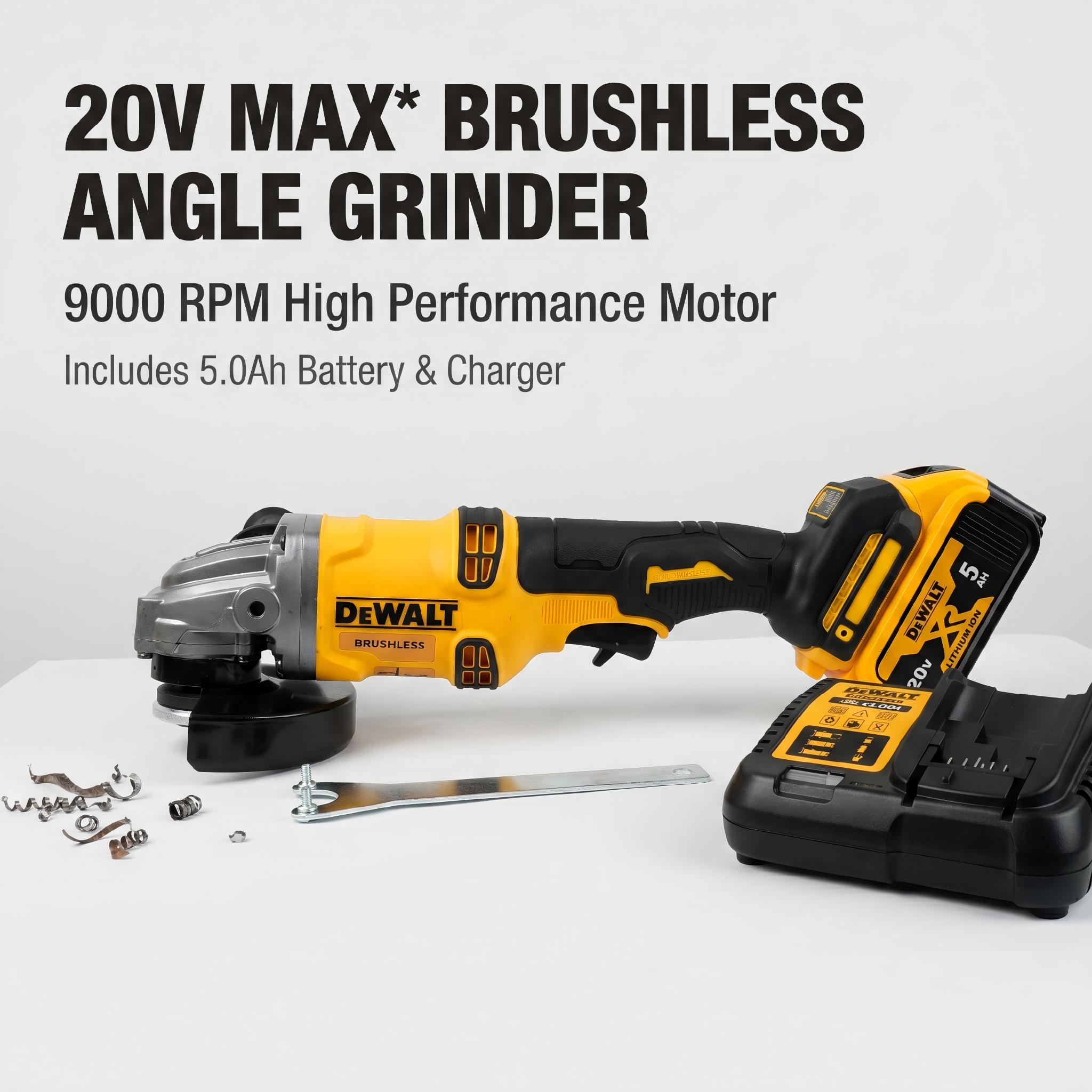 DeWalt DCG405-125 20V Brushless Angle Grinder 125mm Wheel 800W 9000 RPM for Weld Grinding & Pipe Beveling – 6mm Thick, M14 Spindle, Hex Fastening, Full Kit with Battery & Charger
