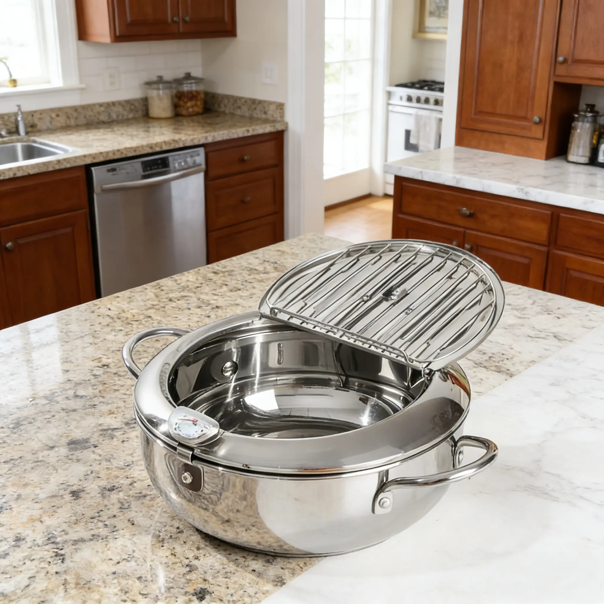 Stainless Steel Non-Stick Deep Fry Pan Set with Lid, Cookware with Raised-Curved Edges, Oil-Saving for Crispy Chicken Frying, Mess-Free Easy Cooking Kitchen Essential (Includes Heat-Resistant Tong, Oil Brush, Cleaning Sponge)