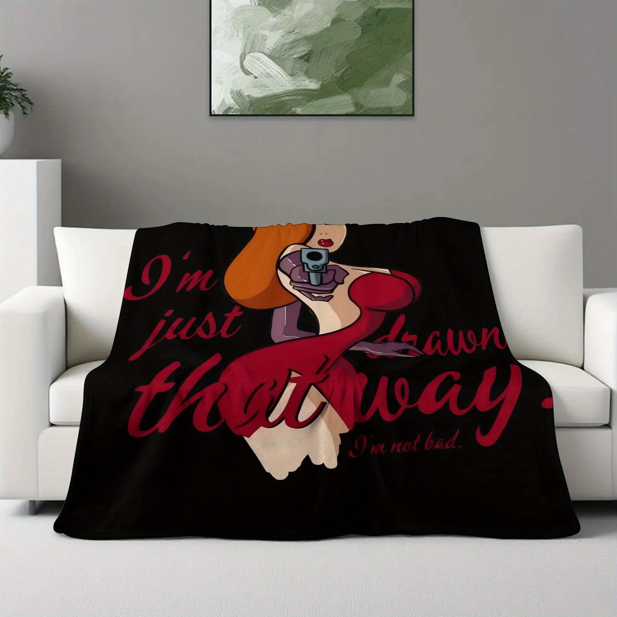 Jessica Rabbit Throw Blanket - Who Framed Roger Rabbit Movie Quote "I'm Not Bad!" - Soft Flannel Bedspread/ Couch Cover - Red & Black Retro Design - Perfect Gift for Movie Fans, Home, Travel, or Decor - All-Season Cozy Blanket, Home Comfort Accessory, Pla