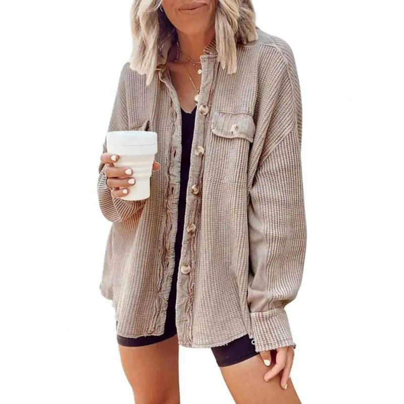 Women's Loose Fit Batwing Sleeve Waffle Knit Button Down Shirt Shacket Tops Khaki Long Sleeve Collar Casual Vacation Wear with Distressed Spliced Design & Frayed Hem