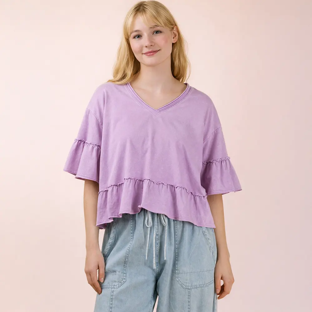 Mineral Washed Ruffle Detail Knit Top
