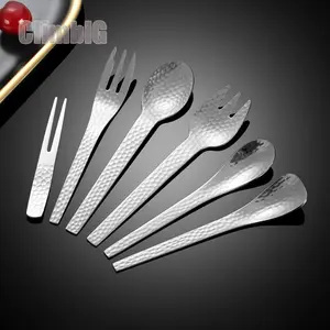 1Pcs/5Pcs Hammered-Finish  Stainless Steel Cutlery Set—Lncludes Cake Forks, Fruit Forks, Coffee Spoons, And Dessert Spoons; Reusable Camping Cutlery, Portable Outdoor Tableware, Picnic And Travel Utensils, Coffee Bar Accessories, And Kitchen Essentials