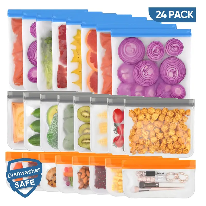 24 Pack Dishwasher Safe Reusable Bags Slicone, Leakproof Reusable Food Storage Bags,Reusable Freezer Bags 8 Gallon 8 Sandwich 8 Snack Bags