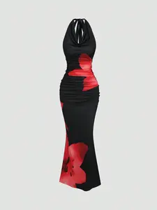 Women's Floral Halter Neck Long Dress, Ruched V-Neck Slim Fit Mermaid Tail, Elegant Formal Evening Wear, Perfect for Parties and Events
