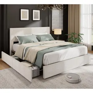 Corduroy Upholstered Bed Frame with Tufted Wingback Headboard, Platform Bed with 4 Storage Drawers & Wooden Slats Support, No Box Spring Needed
