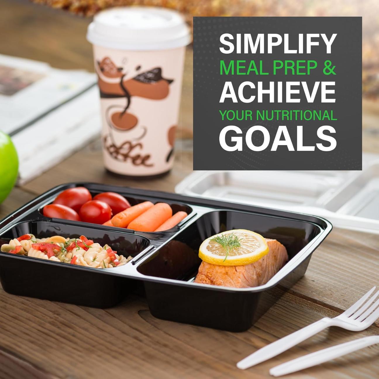 [20 Pack] 32oz 3 Compartment Meal Containers with Lids - Bento Box - Plastic - Stackable, Reusable, Microwaveable & Dishwasher Safe Set Tableware