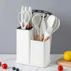 Cooking Utensils Set, 19 Piece Kitchen SetCutlerySet with 11 Piece Spatula Cooking Utensils,HeatResistant Silicone Cutlery 6 Piece Sharp KnifeSet2 Piece Cutlery Cutting Board BlackWoodCookware Rectangular Round StoveWoodenPlastic. White Pasta