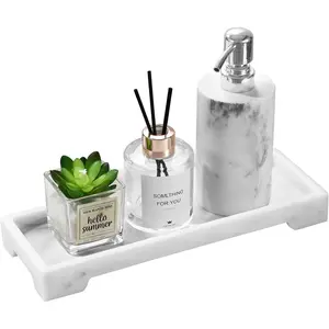 Bathroom Vanity Tray, Resin Toilet Tank Tray, Kitchen Trays, 11" x 4" Rectangle Bathroom Tray for Counter, Marble Tray for Soap Dispenser Perfume Jewelry, Small, White Marble