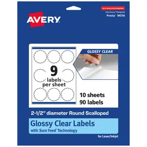 Avery Glossy Clear Round Scalloped Labels with Sure Feed, 2.5" diameter