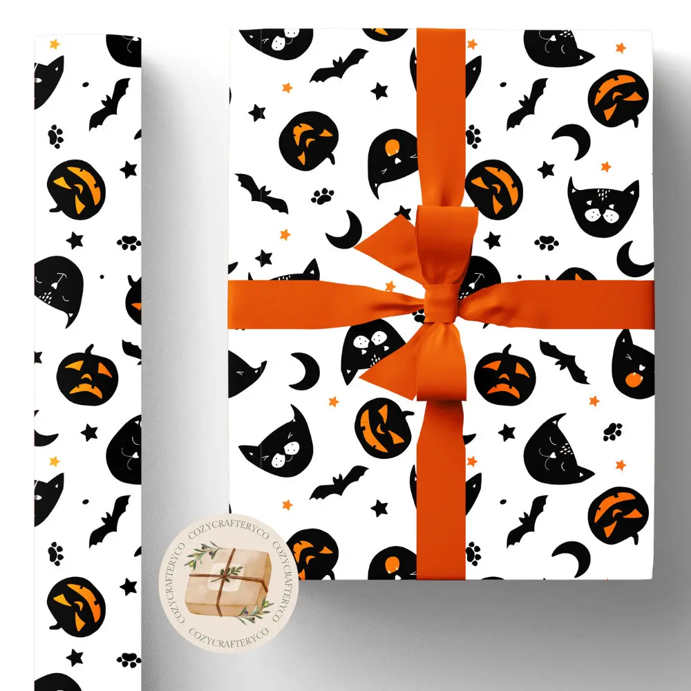 Spooky Halloween Black Wrapping Paper Rolls (Eco Black Cat Pumpkin Halloween Gifts Holiday Recycled Sheets Gift Wraps) (Matte, Satin)